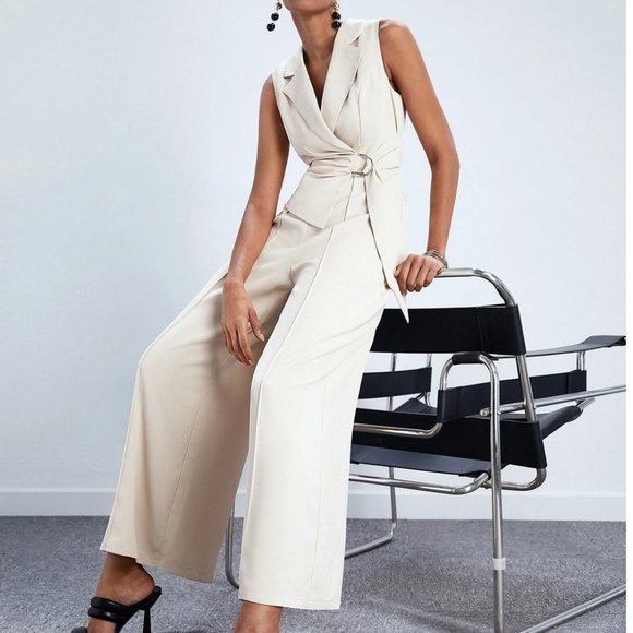 Beige Elegant Womens Lapel Neck Belted Wide Leg Jumpsuit - Picture 3 of 7